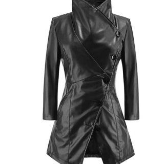 Women Medium long sleeves Coat autumn winter large lapel leather Temperament Buttons PU jacket